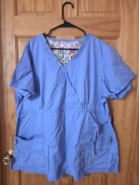 koi Light Blue Scrub Top with Floral Trim